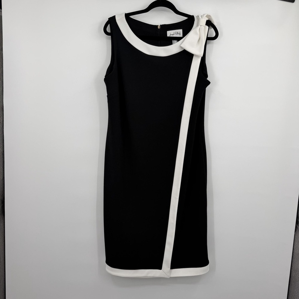 Joseph Ribkoff Dress Womens 14 Black Sheath Midi Bow Sleeveless Zip Polyester